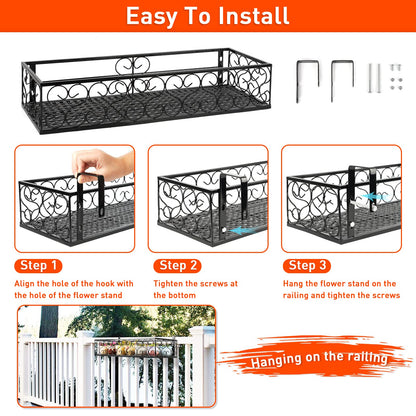 Fitlyiee Balcony Flower Pot Stand Rack Patio Railing Shelf Plant Pots Holder Windows decorate (L, Black)