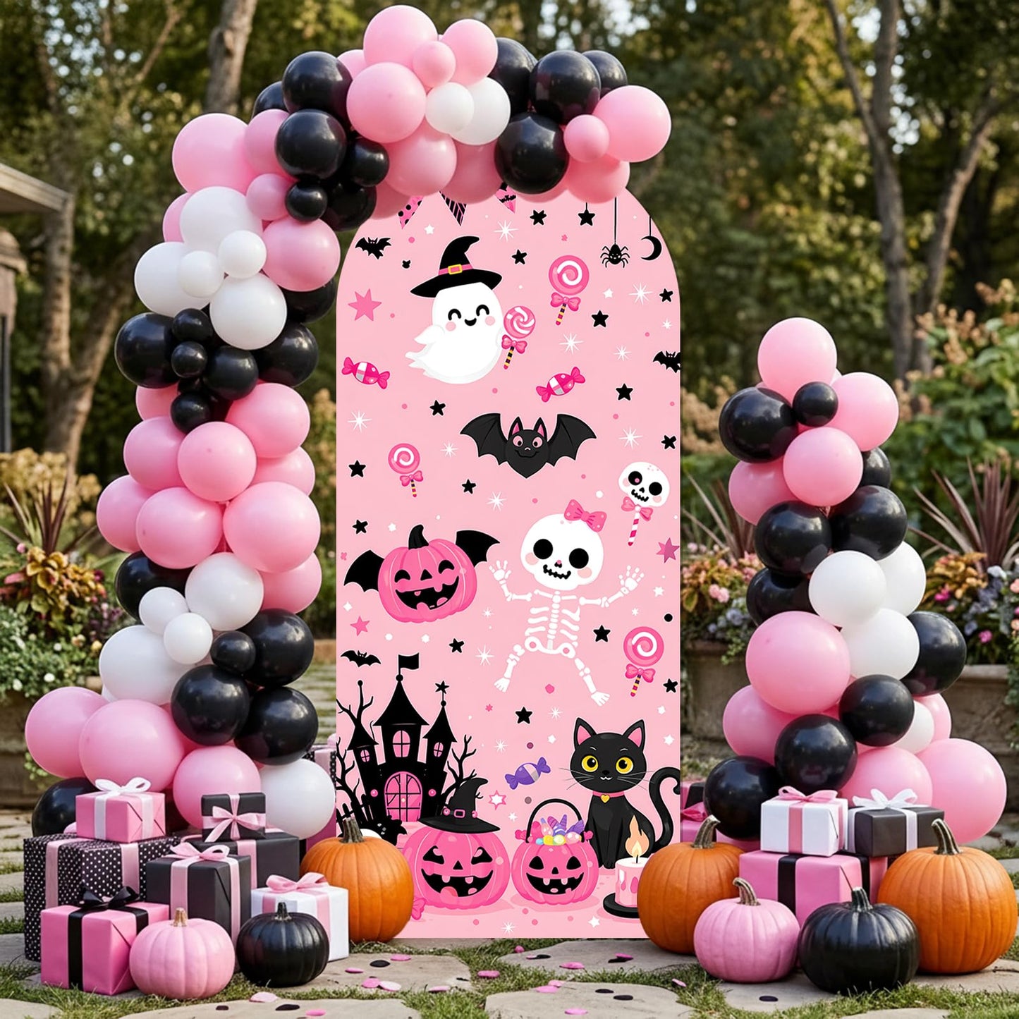 Pink Ghost Halloween Backdrop Cover, Cute Girly Spooky Ghost Background Cloth, Halloween Party Photo Booth Wall Hanging Decor Props