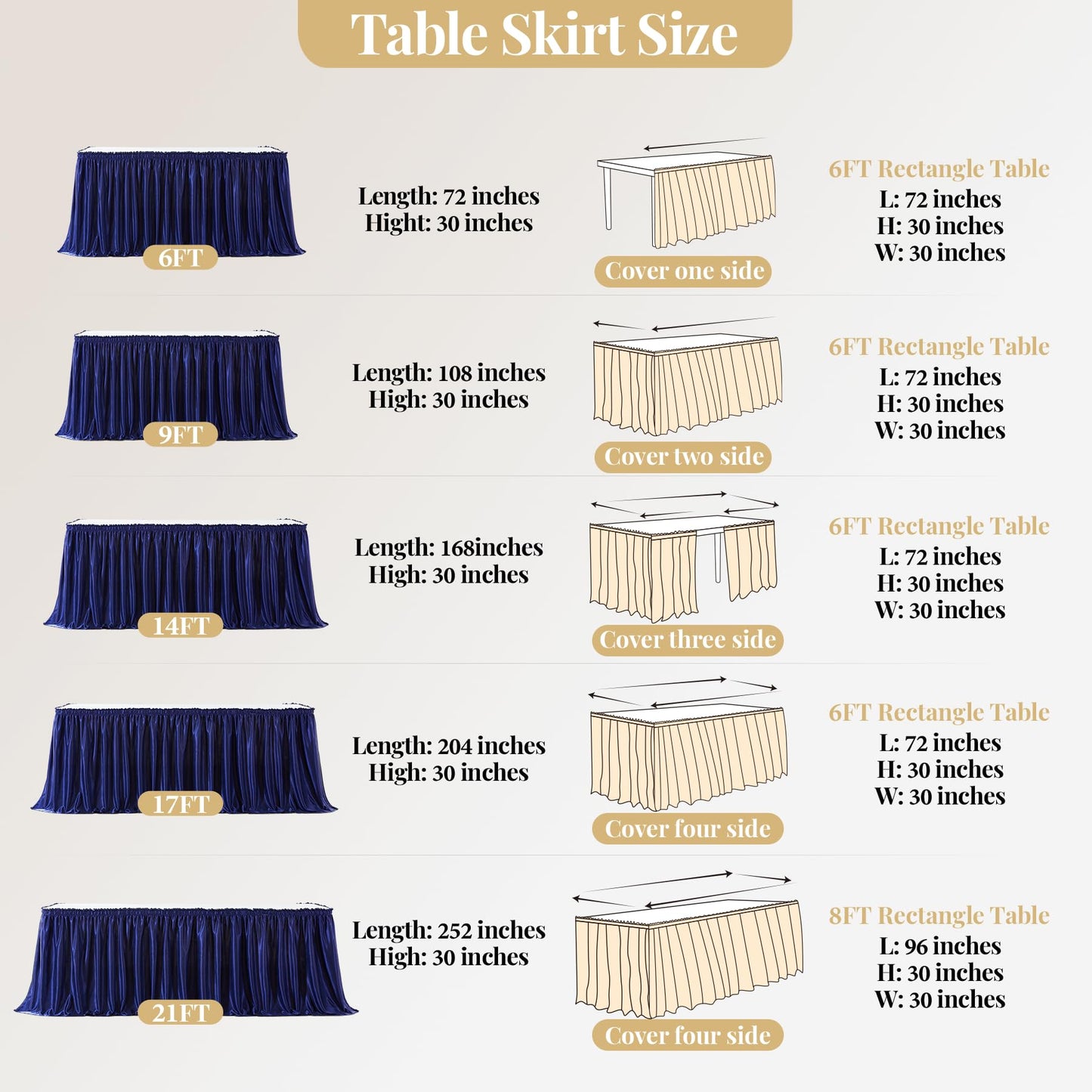 Wish Care 6ft Navy Blue Satin Table Skirt for Rectangle Tables Wrinkle Free Teacher Desk Skirt Glitter Ruffle Table Skirting Cloth for Back to School Classroom Office Dorm Birthday Party Table Decor