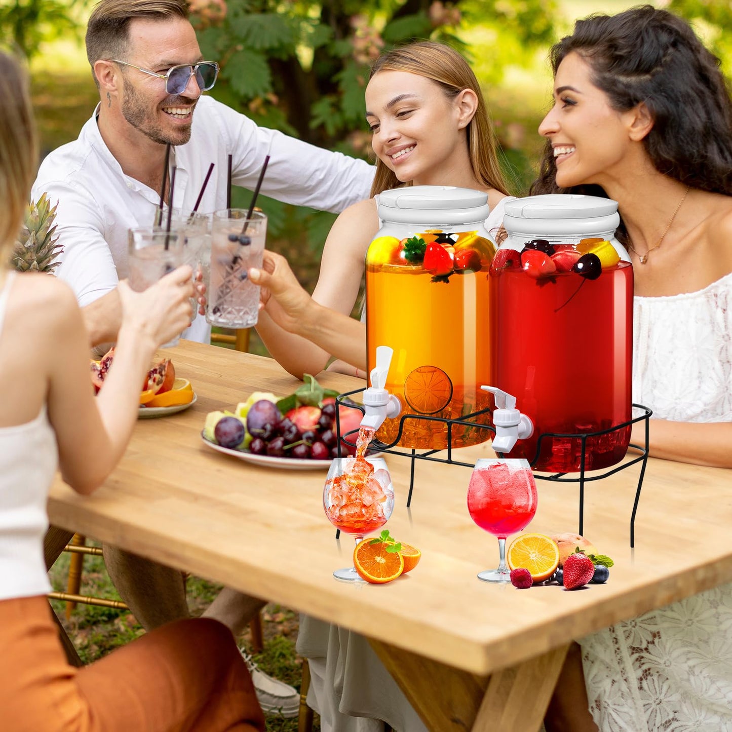 Tanlade 2 Pcs Plastic Drink Dispenser with Stand Beverage Dispenser with Sturdy Metal Base Juice Dispensers for Parties Lemonade Jar with Spigot for Weddings Countertop Water Tea, Each 1 Gallon
