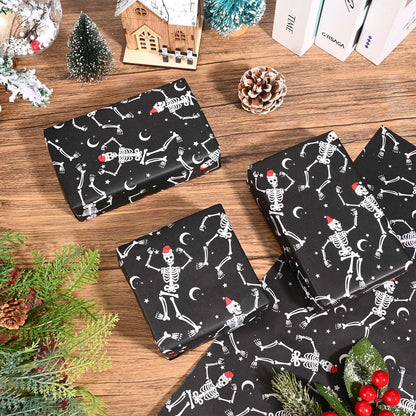 Bolsome 100 Sheets 20 * 14 Inches Christmas Tissue Paper for Gift Bags Black Dancing Skeleton with Santa Hat Printed Tissue Paper Spooky Decorative Tissue for Xmas Party Winter Holidays DIY Crafts