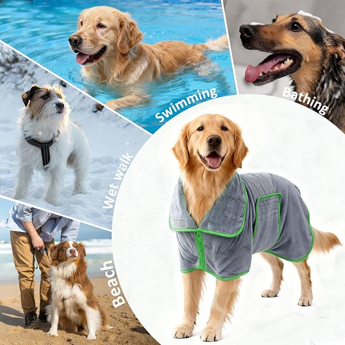 Soft Dog Bathrobe Fast Drying Dog Coat, Super Absorbent Dog Towels for After Bath, Microfiber Pet Robe Adjustable Collar & Belly Warm Keeping Dogs Coat for Pet Dogs & Cats (Grey, XX-Large)