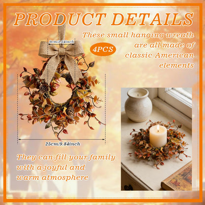 4 Pcs Mini Fall Candle Ring Wreaths Autumn Pinecones Mixed Foliage Artificial Pillar Candle Holder Wreath for Farmhouse Thanksgiving Harvest Porch Front Door Cabinets Table Decoration