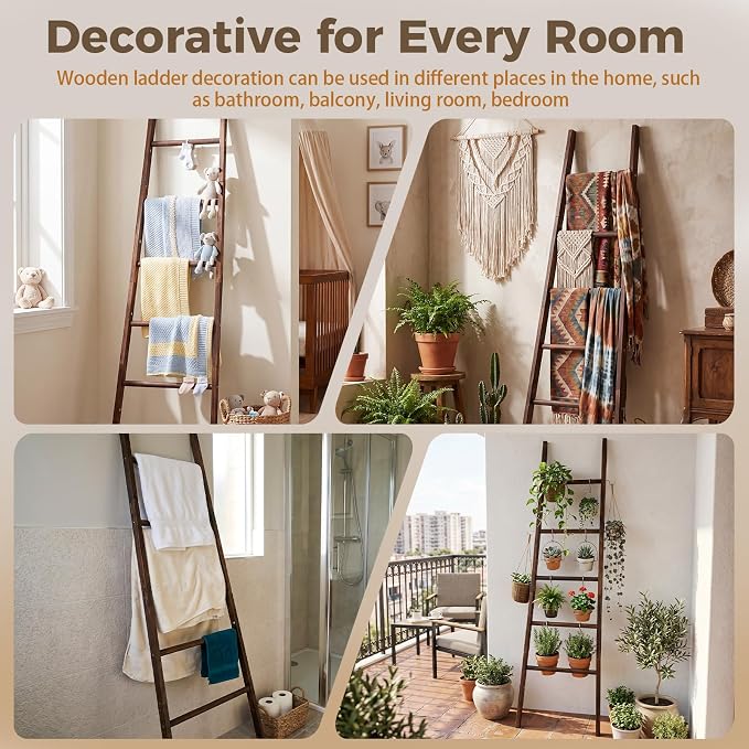 Sintuff Blanket Ladder for Living Room, 5.5ft Wooden Blanket Rack, 5-Tier Natural Leaning Tapered Ladder Shelf for Farmhouse Bedroom Living Room Bathroom Decor, Walnut Brown
