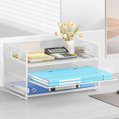 Subekyu 3 Tier Letter Tray Paper Organizer with Handle, 1 PC Sliding Tray, White Metal Mesh Desk File Folder Paper Sorter Organizer for Home Office School Desk Supplies Organization Storage