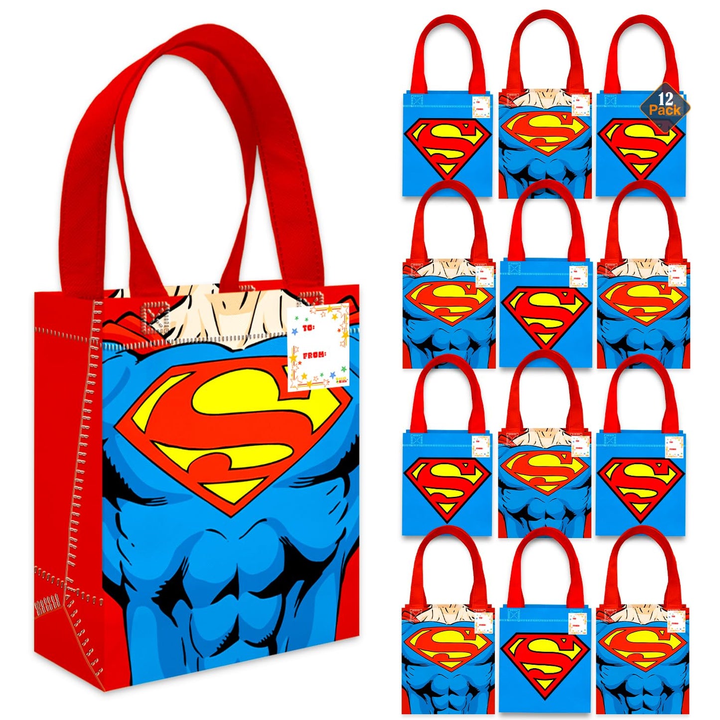 DC Comics Superman Party Favor Bags Set – 12 Pack 8" Superhero Goodie Bags for Kids Bulk Reusable Mini Totes | Superman Birthday Party Supplies