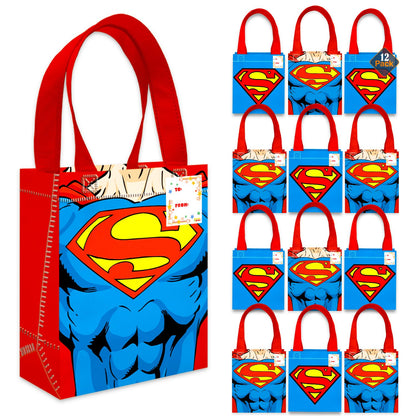 DC Comics Superman Party Favor Bags Set – 12 Pack 8" Superhero Goodie Bags for Kids Bulk Reusable Mini Totes | Superman Birthday Party Supplies