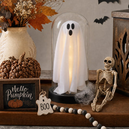 Halloween Decor-Halloween Decorations Indoor-Light Up Ghost in Glass Cloche-Cute Ghost with Light for Home Kitchen Mantel Tabletop Party Decor and Holiday Decorations