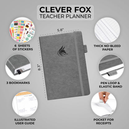Clever Fox Teacher Planner – School Year Planner with Calendars & Lesson Plans – Teacher Plan Book for Classroom & Homeschool Organization - Undated, A5 Size, Hardcover (Gray)