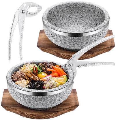 Lallisa 2 Set Dolsot Bibimbap Stone Bowl with Wood Base and Aluminum Tongs Dolsot Pot Stone Bowls Sizzling Hot Pot for Korean Restaurants, Soup, Rice, Stew(32 oz)