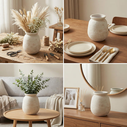 Sawoake Rustic Terracotta Pot, 7 Inch Short Farmhouse Vase with Weathered Texture Off-White, Boho Home Decor for Pampas Grass, Tabletop, Mantel and Shelf Styling