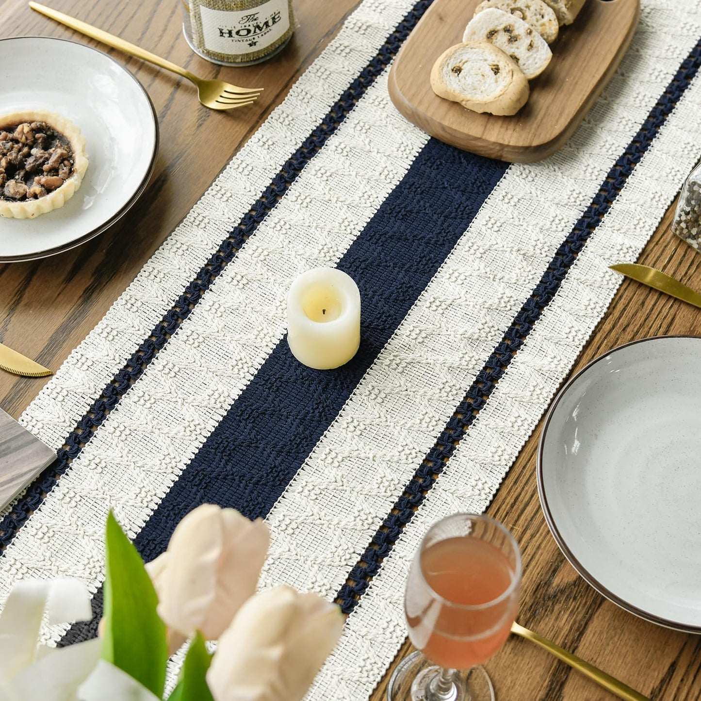 Artoid Mode Dark Blue Farmhouse Woven Rustic Table Runner, Seasonal Holiday Hollow Kitchen Dining Table Decoration for Home Party Decor 12x72 Inch