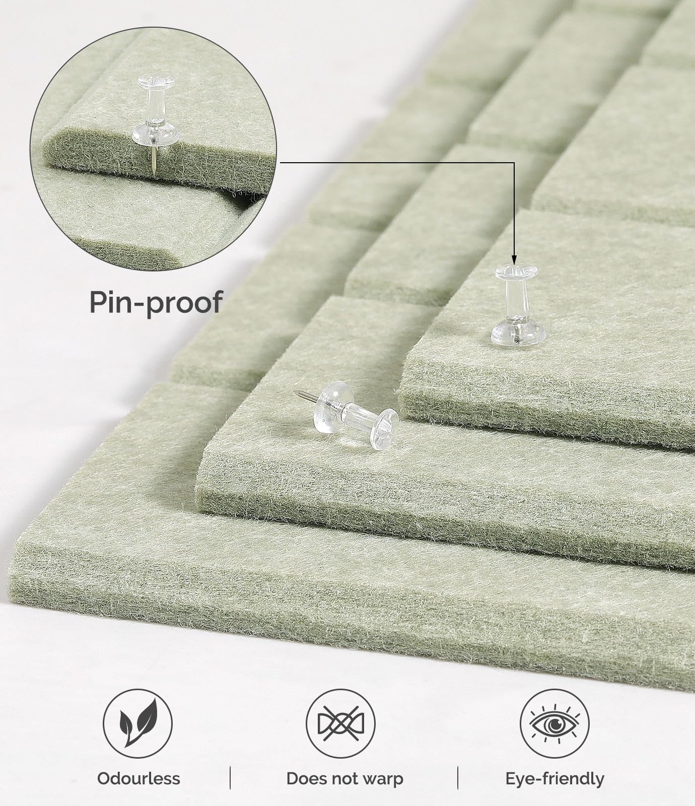 Bounmer Large Cork Board Alternative 48“ x 36”, 12-Pack Felt Bulletin Board Tiles with 60 Safe Removable Adhesive Tabs & 30 Pushpins, Cork Boards for Office Walls Decor (Sage)