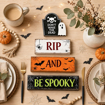 4 Pcs Halloween Table Decorations Ghost Tombstone Wooden Block Signs RIP and be Spooky Rustic Tiered Tray Decor Farmhouse Halloween Centerpiece with Bat for Home Kitchen Shelf Office Mantel