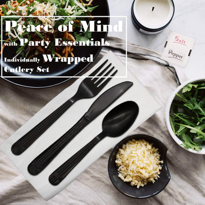 Party Essentials Individually Wrapped Plastic Cutlery Kits/Packets, Includes Heavy Duty Black Fork/Spoon/Knife/Napkin/Salt/Pepper, 250 Sets