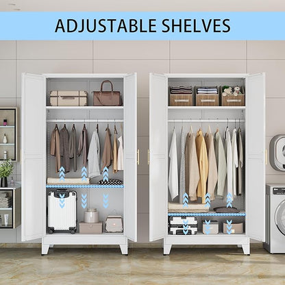 erosoei 71 "Metal Armoire Wardrobe Closet, Steel Clothing Storage Cabinet with Adjustable Shelves and Hanging Rod, Household Steel Wardrobe Storage Cabinet with Adjustable Standing feet (White)