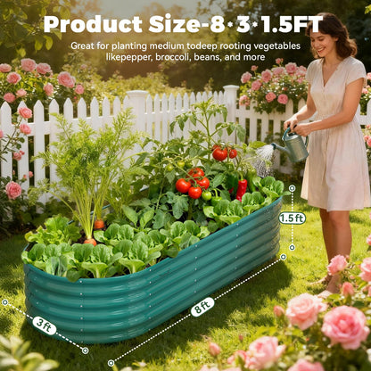 8x3x1.5ft Galvanized Raised Garden Bed, 18" Tall Metal Raised Beds for Gardening, Large Planters Boxes for Outdoor Plants Vegetables, Flowers, Herbs & Tomatoes, Above Ground Garden Beds Kit, Green