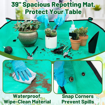 44pcs Small Gardening Tools Gifts for Women Beginners - Garden Hand Tools Set for Indoor Succulent Bonsai Plants Transplanting, Included Bag/Repotting Mat/Shovel/Labels, Green