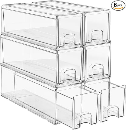 Sorbus Small Clear Stackable Storage Drawers – 6 -Pack Plastic Organizer Bins with Handles – Stackable Pull-Out Storage Drawers for Closet, Pantry, Office, Bathroom, Craft, and Toy Organization