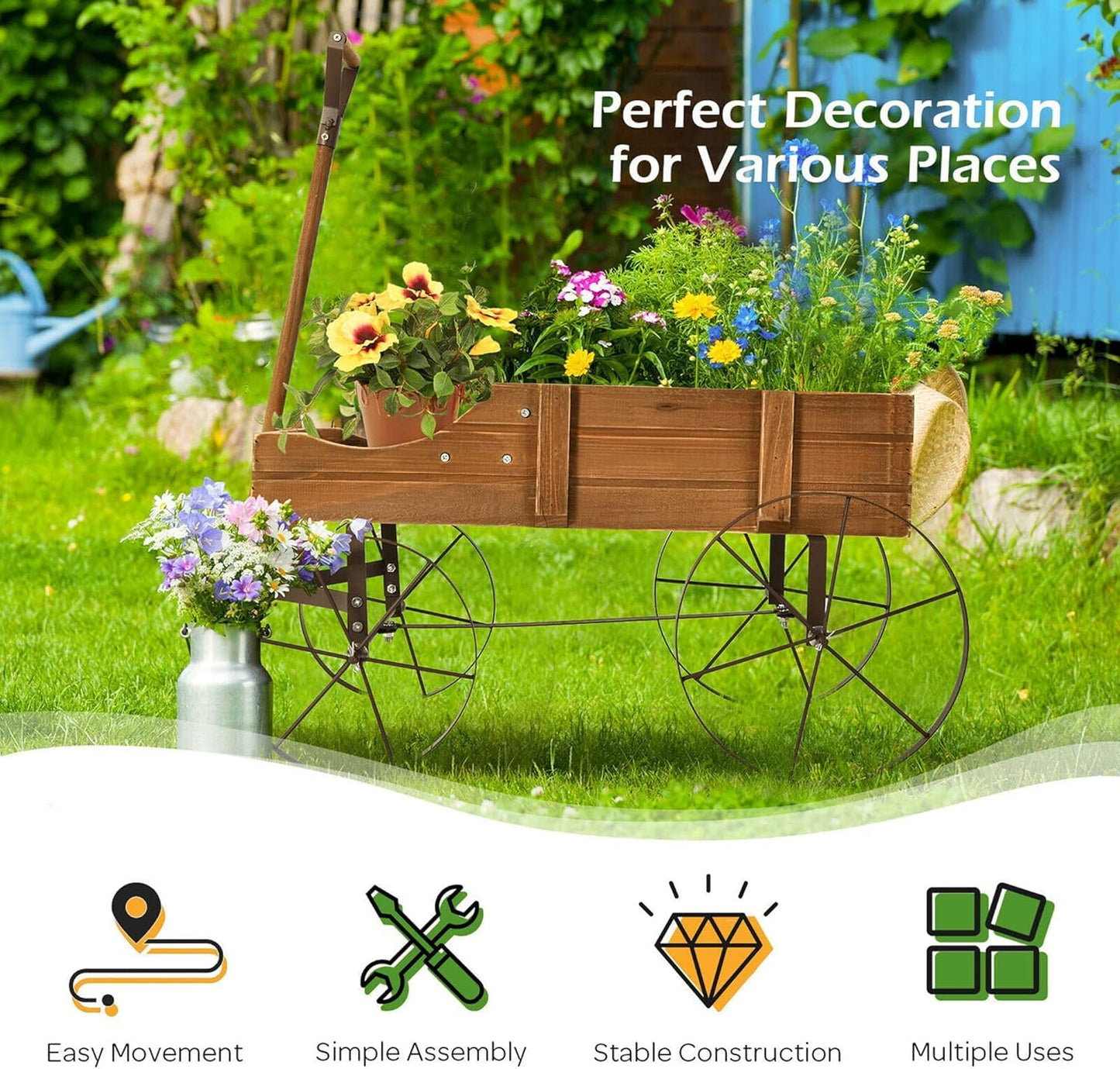 DORTALA Wood Wagon Planter, Outdoor Garden Flower Planter Cart with Wheels, Small Decorative Wood Raised Bed Plant Pot Box Stand for Backyard, Patio, Balcony, Natural