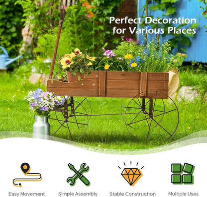 DORTALA Wood Wagon Planter, Outdoor Garden Flower Planter Cart with Wheels, Small Decorative Wood Raised Bed Plant Pot Box Stand for Backyard, Patio, Balcony, Natural
