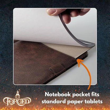 Forged Dice Co. Game-Folio PU Leather Portfolio Binder - Gaming Binder for DND Character Sheets with DND Spell Cards Organizer and Clear Front Pocket - Compatible with Dungeons and Dragons RPG - Brown