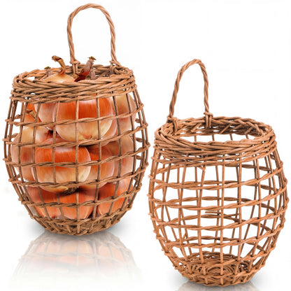 Elsjoy Set of 2 Hanging Onion Basket, Wall Mount Small Wicker Baskets for Food Storage, Woven Rattan Basket for Kitchen, Pantry, Home Decor