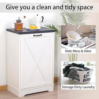 13 Gallons Tilt Out Trash Cabinet, Hidden Trash Can Cabinet Wooden Tilt Out Pet Proof Hidden Trash Bin Cabinet for Kitchen (Black and White)