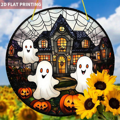 7.9inch Cute Halloween Suncatcher for Window Hanging,Ghost Pumpkin Castle Acrylic Suncatcher with Chain Halloween Window Decor for Home, Garden, Housewarming Round Ornament, Gift for Women Friend