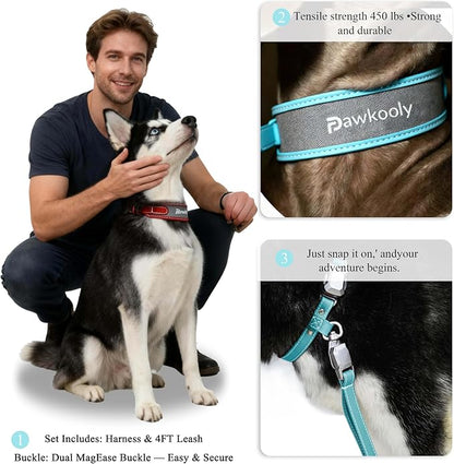 MagEase Dog Collar with 4FT Leash | Adjustable | Anti-Wrinkle, Bite & Stain-Resistant Leather | Soft & Skin-Friendly | 450LB Escape-Proof Magnetic Buckle (Light Blue, Medium)