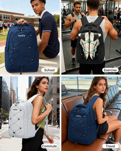 HanTrip Travel Laptop Backpack for Women Men, Large Work Backpack for Commuter College School Book Bags, Reflective Water Resistant Backpack with Luggage Strap Bottle Pocket Chest Strap, Glacier White