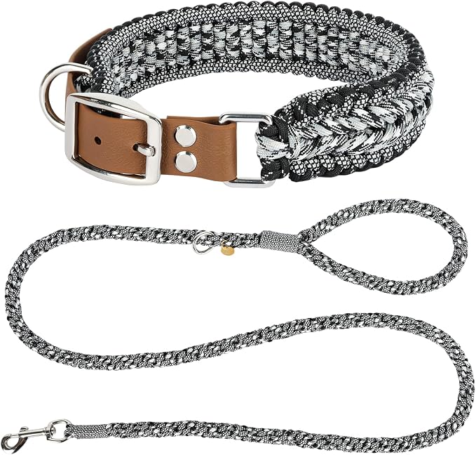 Tirevt Hand-Woven Dog Collar and Leash Set:Color-Block Design, Premium Reinforced Buckle, Adjustable Artisan Paracord for Puppies, Small, Medium & Large Dogs (Black, M+)