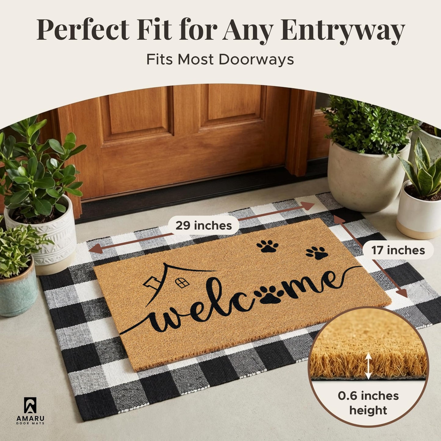 AMARU DOOR MATS - Natural Coir Door Mat, Minimal Shedding, Heavy Duty Non-Slip Welcome Mat for Front Door, Outside Entrance, Porch & Entryway (17x29, Welcome Paws)