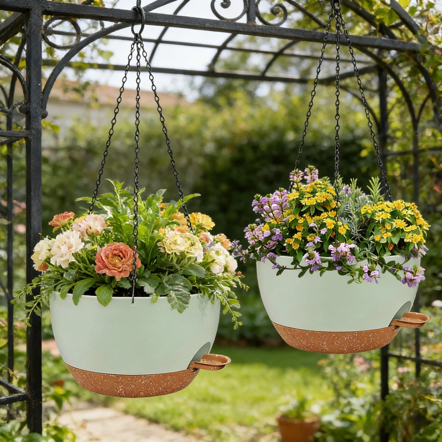 zople 2 Pack 12 Inch Self Watering Hanging Planters for Indoor Plants, Large Green Brown Plastic Hanging Pots with Chains for Outdoor Patio Garden Home Decor Green Brown