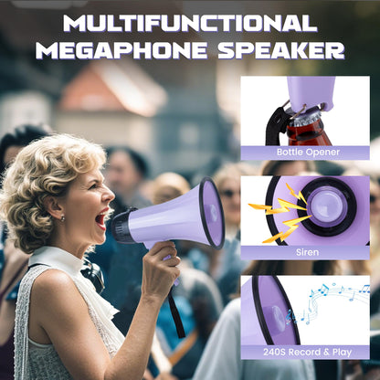 MyMealivos Portable Megaphone Bullhorn 20 Watt Power Megaphone Speaker Voice and Siren/Alarm Modes with Volume Control and Strap (Purple)
