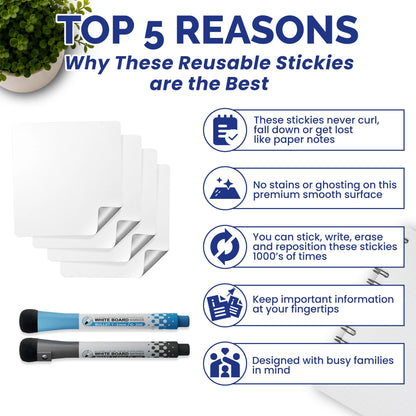Dry Erase Reusable Sticky Notes – 12 Pack of 4 x4 Whiteboard Stickers – for Home, Office & Classroom – Great for Lists, Reminders, Labels & Decals – Includes 2 Magnetic Fine Tip Markers with Erasers