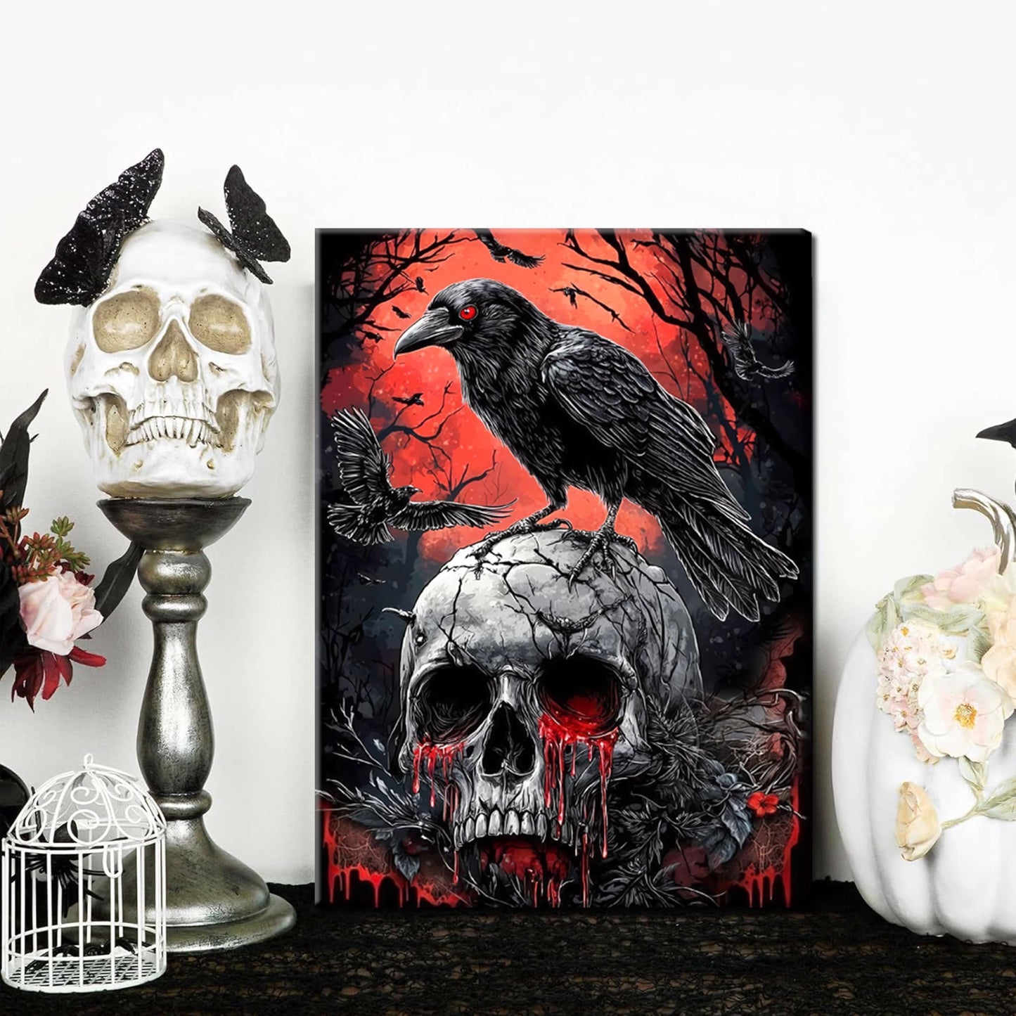3 Piece Gothic Halloween Canvas Wall Art – Framed Dark Crow Floral Skull Prints, Spooky Romantic Aesthetic Gothic Pictures for Living Room, Bedroom, Bathroom Halloween Decor – 12x16in