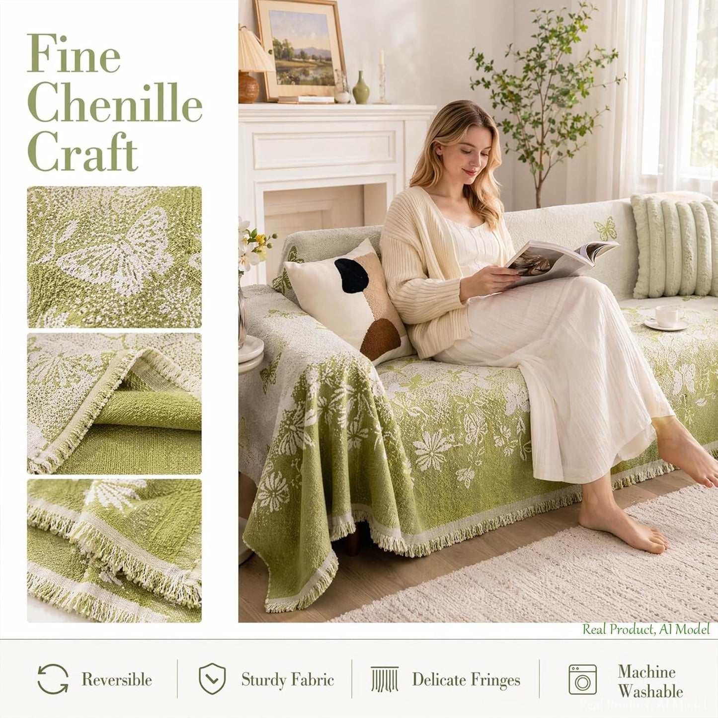 UWWGKK Oversized Chenille Couch Cover Green Butterfly Reversible Sofa Slipcover with Tassel, Heavyweight Sectional Furniture Protector Blanket for Large Dogs, Washable Throw for 3 4 Seat
