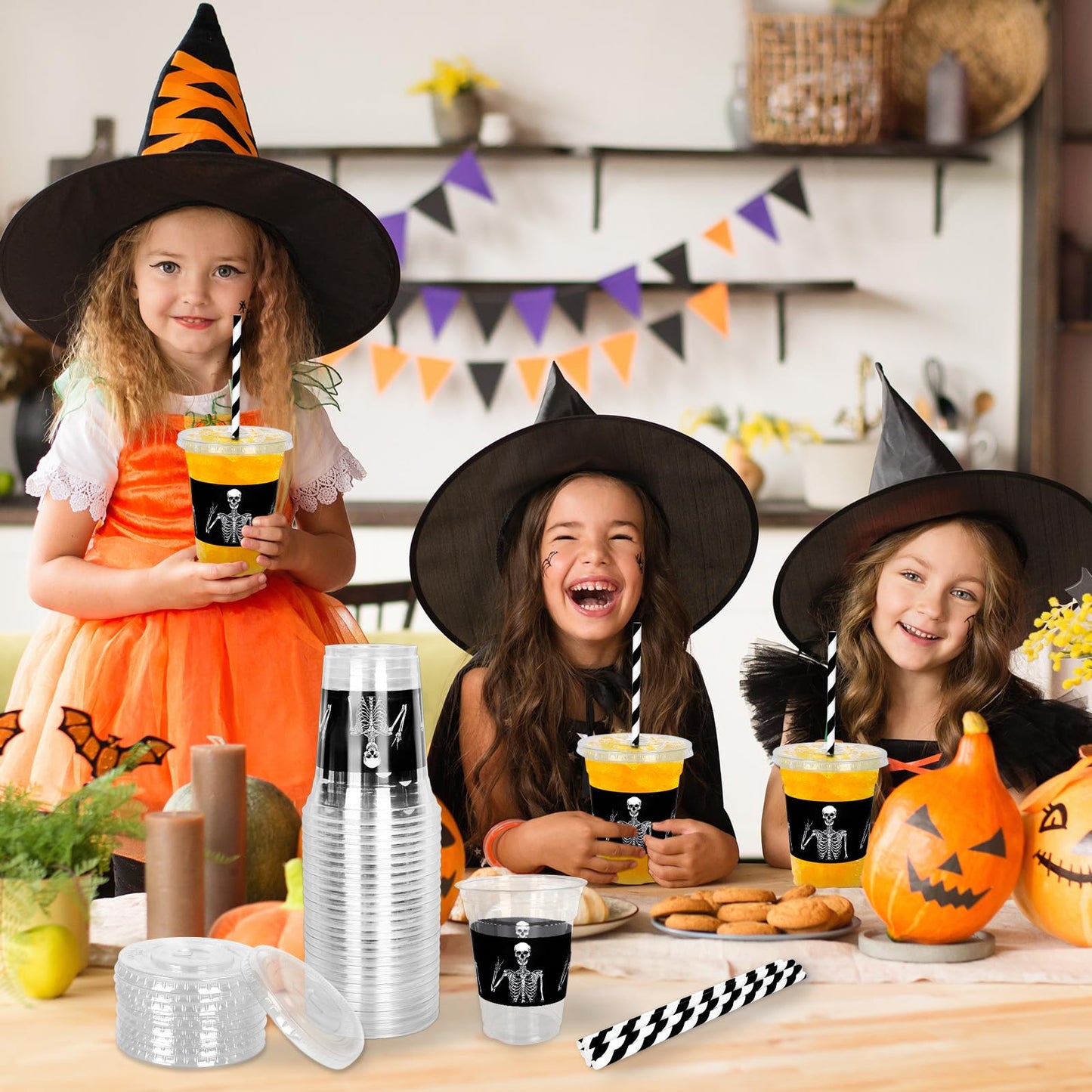 JarThenaAMCS 50Pcs Halloween Disposable Plastic Cups with Lids and Straws 12oz Funny Skeleton Cold Beverage Drinking Cups for Birthday Goth Party Supplies
