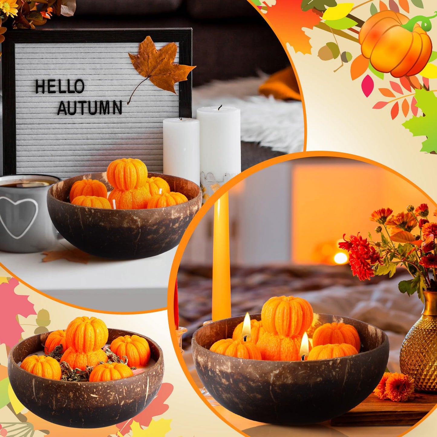 Conelist 2 Pcs Thanksgiving Scented Candle 5.9'' Fall Autumn Pumpkin Candle Decoration Spice Soy Wax Scented Coconut Bowl Tables Decor for Home Bedroom Bathroom Holiday Farmhouse Party Gift