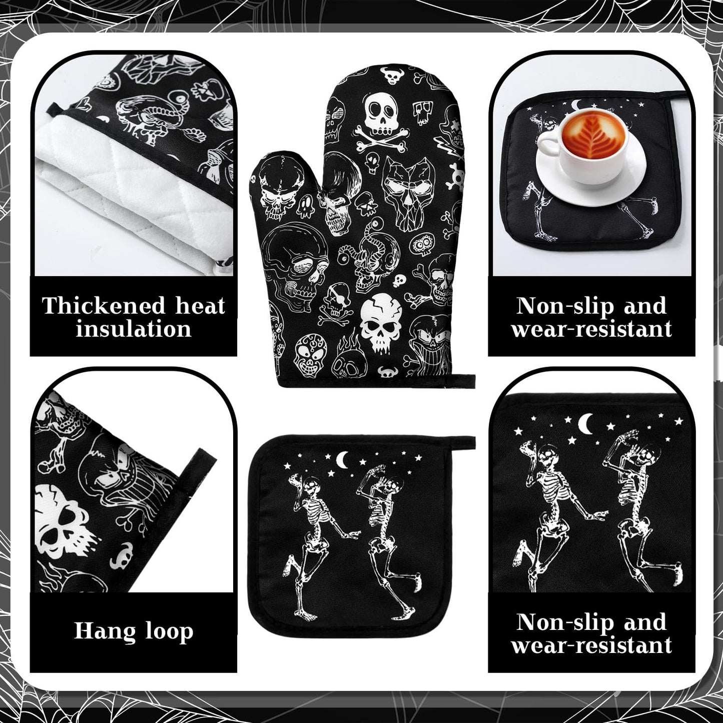 Fourluoo 16 Pcs Halloween Kitchen Decor and Accessories Set Black Skeleton Kitchen Towels and Dishcloths Non Slip Rugs Mats Oven Mitts and Pot Holders Scary Curtains Set for Home Decoration Gift