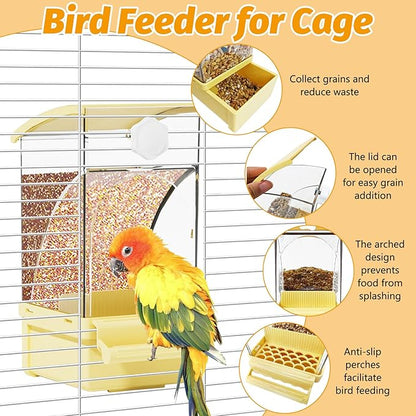 BNOSDM No Mess Bird Feeder Transparent Automatic Bird Cage Feeder with Perch Acrylic Parrot Food Container Parakeet Cage Accessories for Parakeets, Budgies, Cockatiel, Finch, Canary, Lovebird (Yellow)