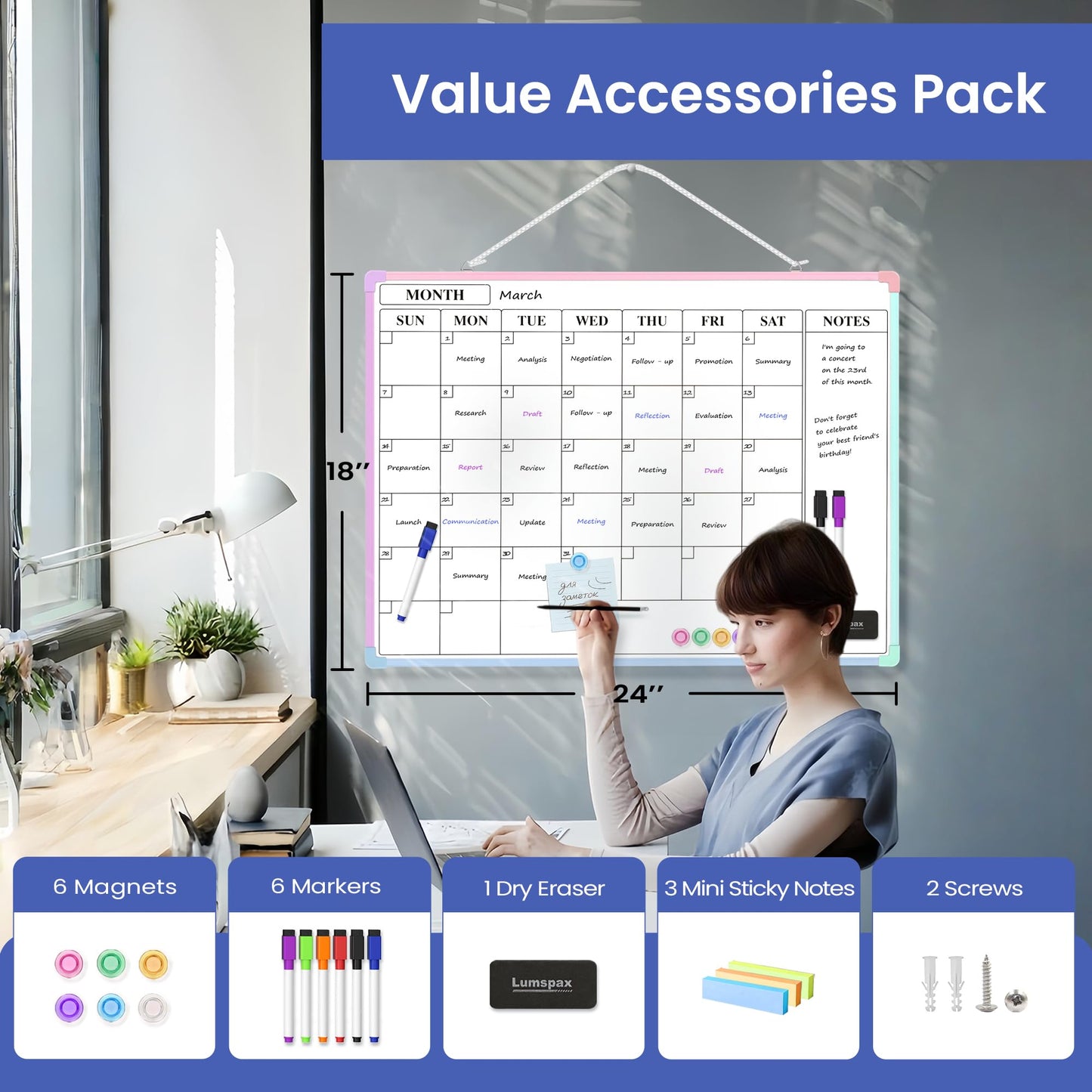 Lumspax Monthly Whiteboard Calendar for Wall, 24" x 18" Dry Erase Board with Plastic Frame, Hanging Dry Erase Calendar with 3 Mini Sticky Notes for Kitchen Planner, Memo, Home and Office, Colorful