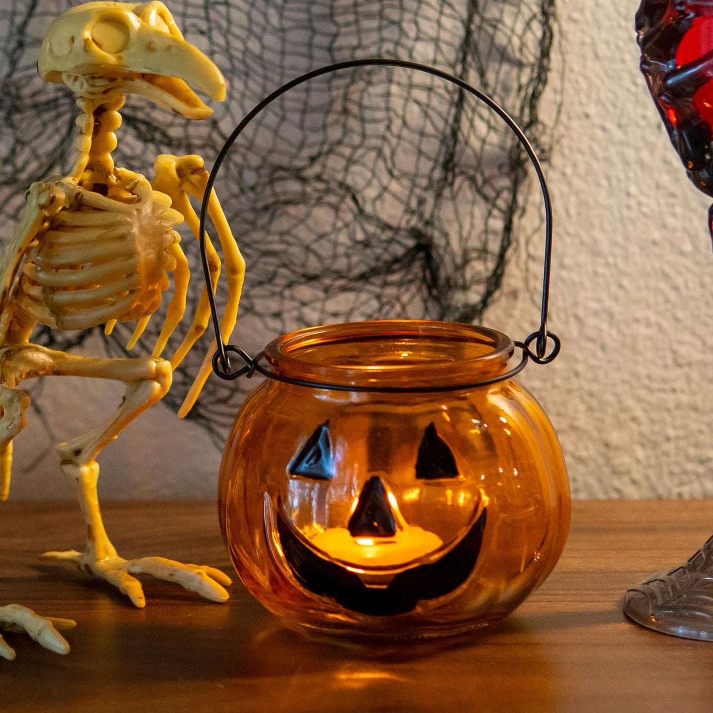 Halloween Candle Holders Set of 4, SHMILMH Tealight Votive Candle Holders with Grimace, Metal Hanging Pumpkin Jack O Lanterns Decorative Halloween Table Centerpiece Orange