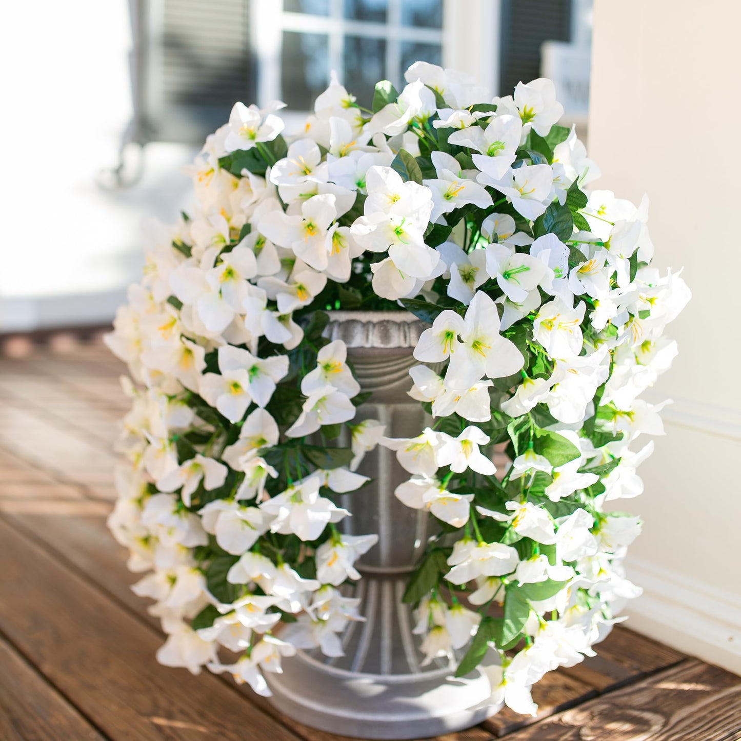 Faux Bougainvillea Artificial Flowers for Outdoors Fake Plants Outside Decoration, 2 PCS White Faux Flowers UV Resistant Look Real Silk Long Trailing Vines for Front Door Porch Planter Patio Garden