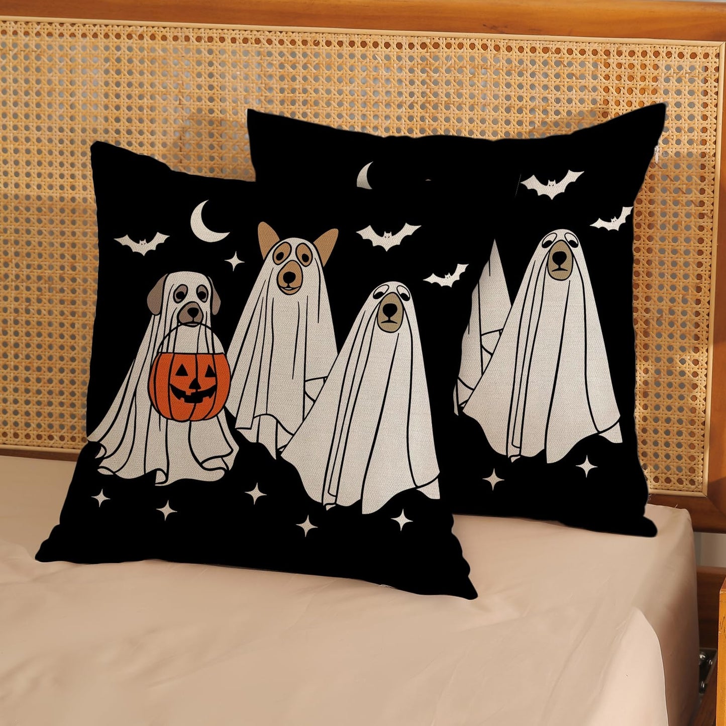 JEFERSO Halloween Pillow Covers 18x18 Inch Set of 2 Black White Dog Ghost Throw Pillows Fall Halloween Home Decorations Pillow Cases Autumn Holiday Linen Outdoor Decor Cushion Case for Couch Sofa