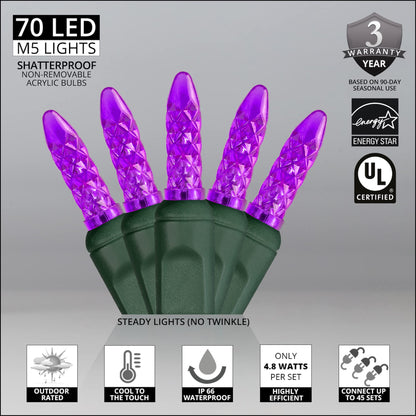 Wintergreen Lighting 24 ft M5 LED Purple Halloween Lights, 70 Count, Indoor/Outdoor, Commercial Grade, Green Wire
