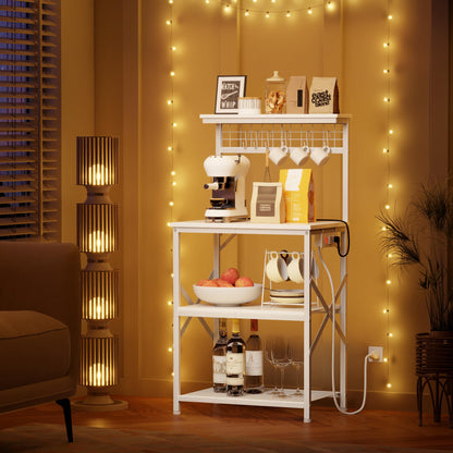 Furologee Kitchen Bakers Rack with Power Outlet, Microwave Oven Stand with Storage 4 Tiers, Coffee Bar Table with 6 S Hooks, Kitchen Storage Shelf Rack for Spices, Pots, Rustic Brown