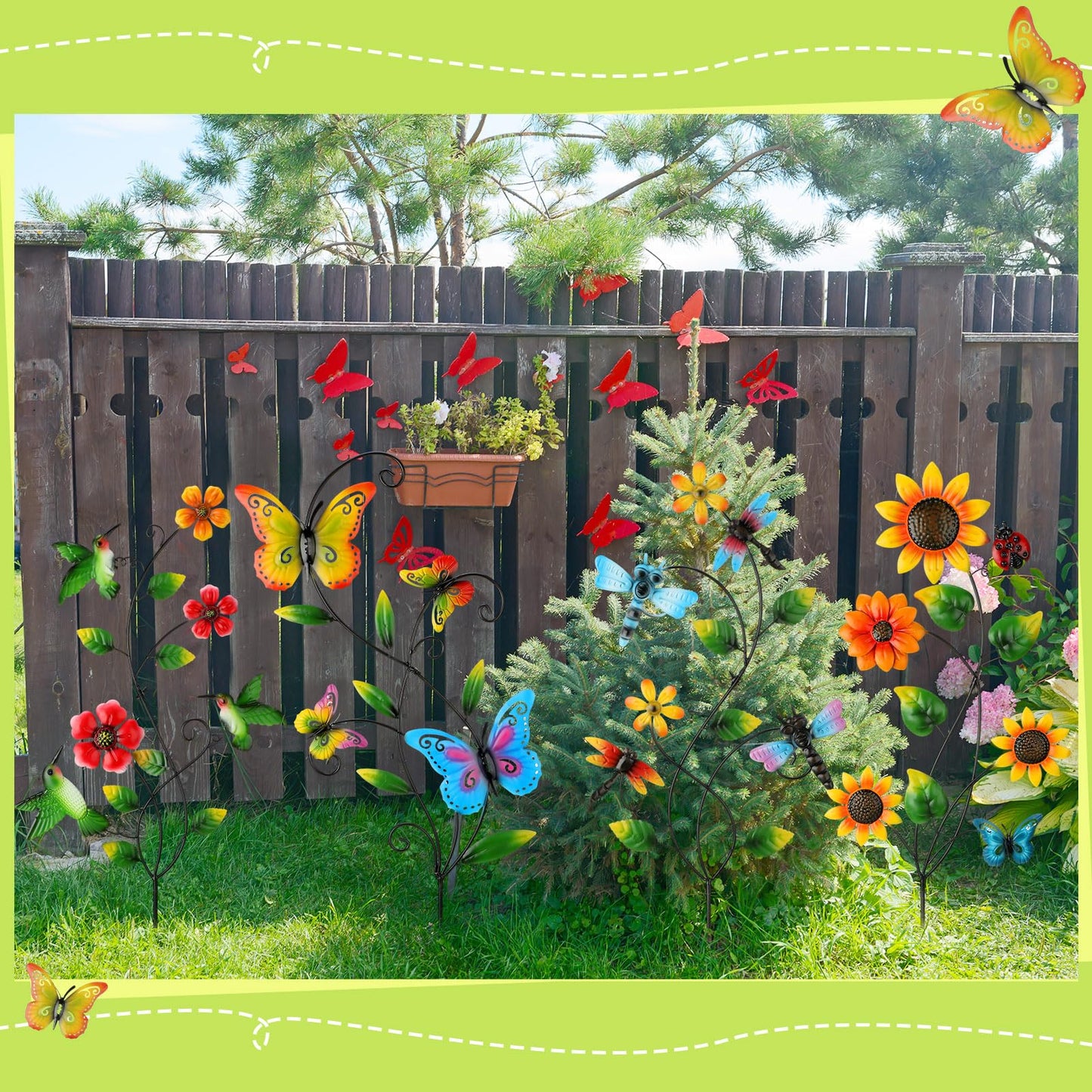 Menkxi 4 Pcs Butterfly Metal Garden Stakes Hummingbird Sunflower Dragonfly Flowers Garden Stake Decor Metal Wall Decor Trellis for Climbing Plants Outdoor Spring Art Housewarming Gift, 4 Styles