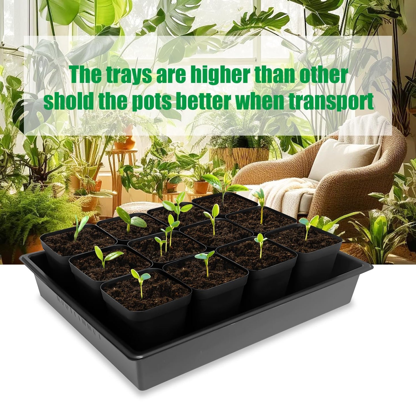 RooTrimmer 3.5 inch (9CM) Square Nursery Pots 60pcs, Sturdy Seedlings Trays 5 Pcs, Seeds Starter Germination Tray, Microgreenings Planter Nursery Propagation 5 Sets